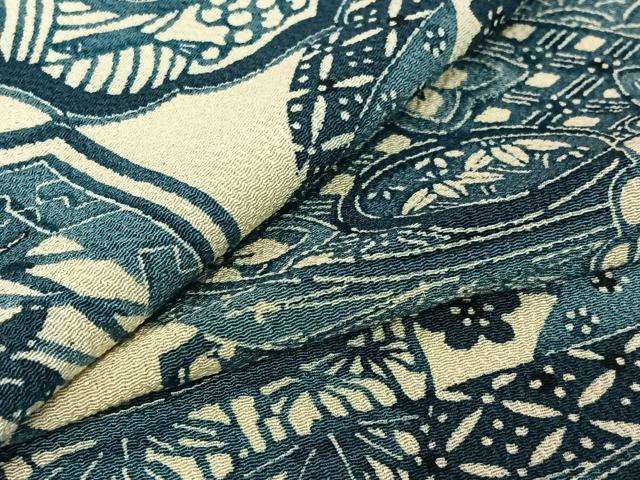 平和屋着物▽上質な小紋 単衣 藍 型染め 陶器花文 鬼しぼ縮緬 正絹 逸品 AABH8621jh