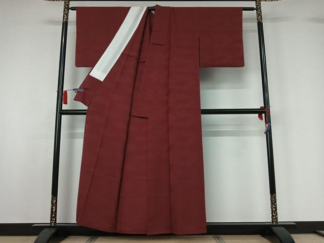 平和屋着物▽上質な色無地 単衣 雲取り地紋 葡萄茶色 正絹 逸品 AABH8624jh