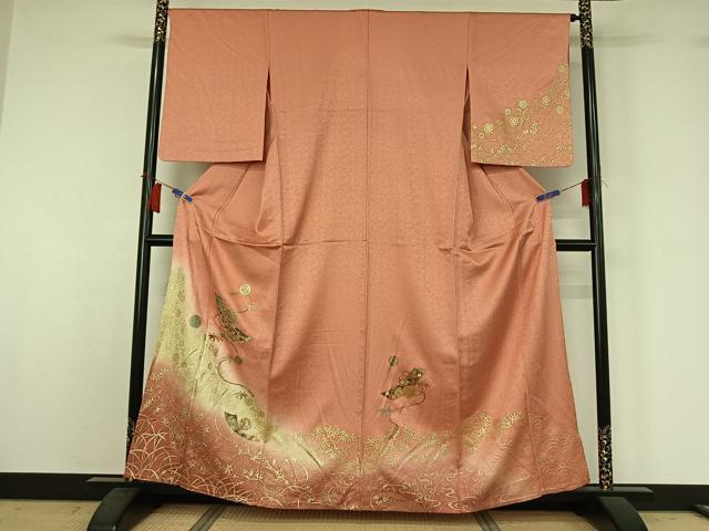 平和屋着物▽訪問着 単衣 短冊花蝶文 暈し染め 金彩 正絹 逸品 AABH8629jh