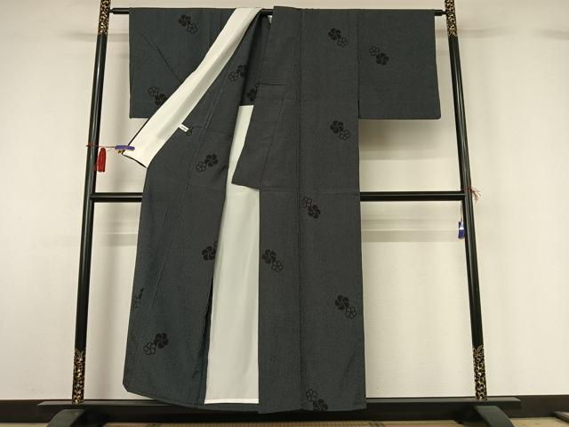 平和屋着物▽本塩沢 単衣 舞花文 黒地 正絹 逸品 AABH8632jh