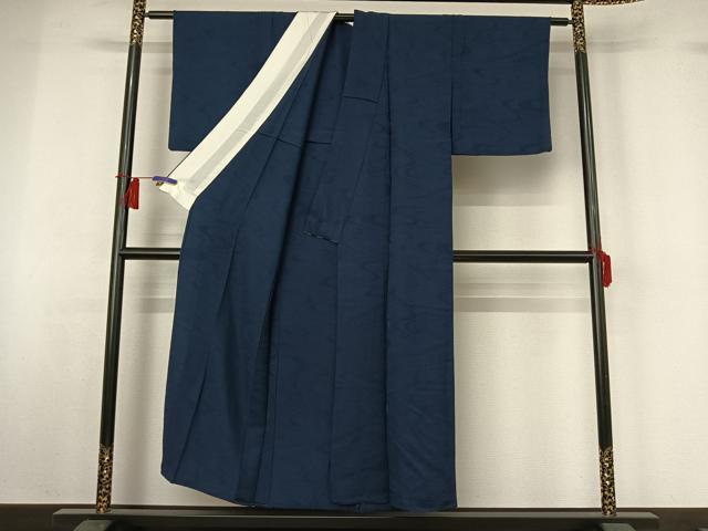 平和屋着物▽上質な色無地 単衣 流水花地紋 濃藍色 正絹 逸品 AABH8644jh