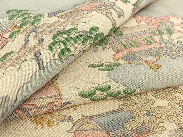 平和屋着物▽上質な小紋 単衣 風景人物花文 正絹 逸品 AABH8645jh
