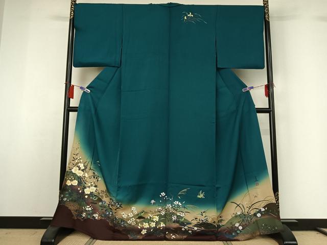 平和屋着物▽英王室献上友禅作家 木下勝功 訪問着 単衣 花鳥文 暈し染め 金銀彩 正絹 逸品 AABH8653jh