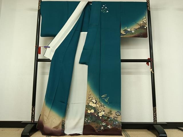 平和屋着物▽英王室献上友禅作家 木下勝功 訪問着 単衣 花鳥文 暈し染め 金銀彩 正絹 逸品 AABH8653jh