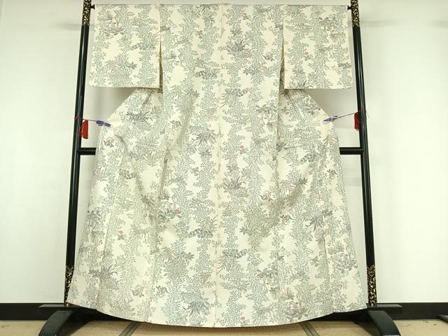 平和屋着物▽上質な小紋 単衣 紬地 手描き 草花文 正絹 逸品 AABH8678jh