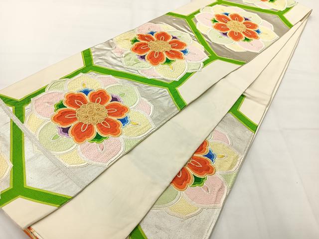 平和屋着物◎六通柄袋帯 唐織 亀甲花文 銀糸 正絹 逸品 AABH8688uk
