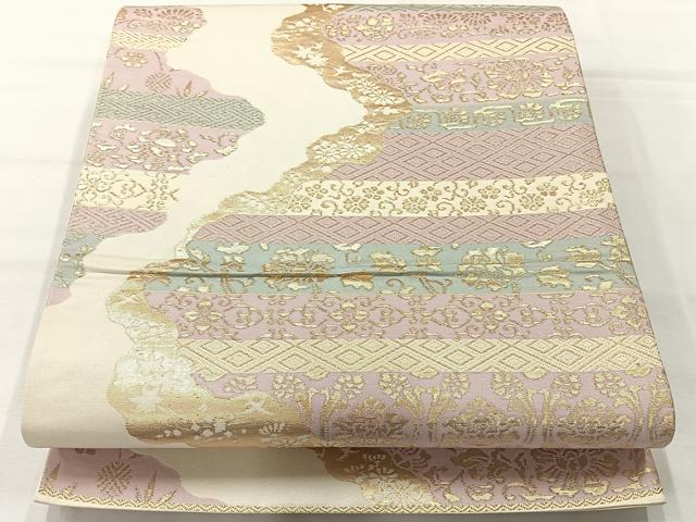 平和屋着物◎六通柄袋帯 横段花文 金糸 正絹 逸品 AABH8696uk