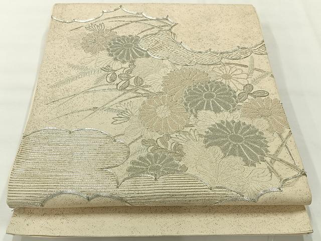 平和屋着物◎中国三大刺繍 相良刺繍 太鼓柄袋帯 草花文 銀糸 正絹 逸品 AABH8708uk
