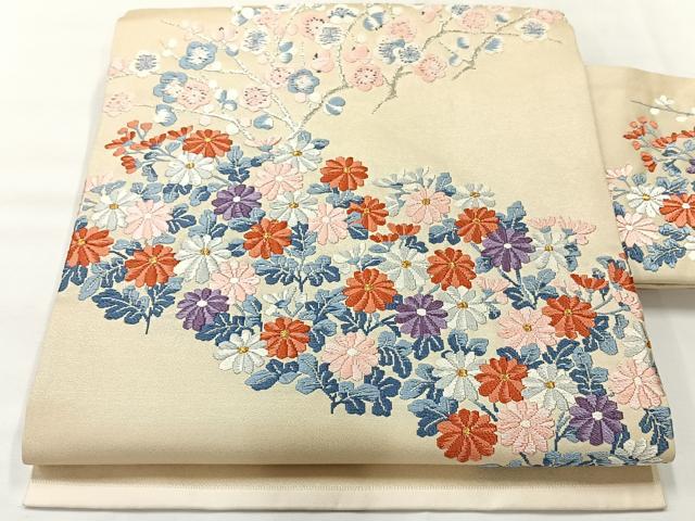 平和屋着物◎九寸名古屋帯 唐織 草花文 金銀糸 正絹 逸品 AABH8740uk