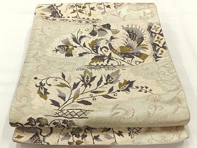 平和屋着物◎六通柄袋帯 唐織 孔雀花文 銀糸 正絹 逸品 AABH8746uk