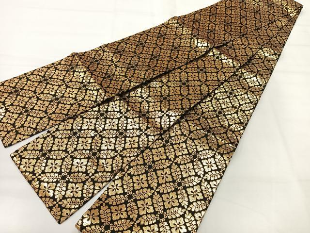 平和屋着物◎半幅帯 花菱文 黒地 金糸 正絹 逸品 AABH8760uk