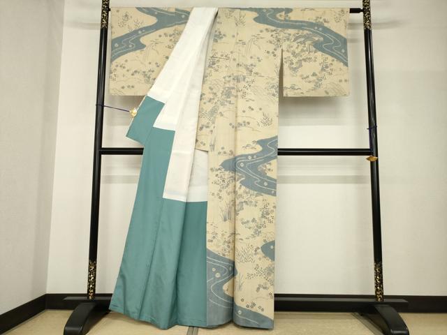 平和屋着物●染織の名門 しょうざん 生紬 訪問着 駒刺繍 流水風景花文 正絹 逸品 AABH8783ck
