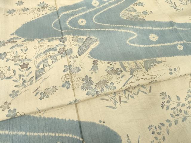 平和屋着物●染織の名門 しょうざん 生紬 訪問着 駒刺繍 流水風景花文 正絹 逸品 AABH8783ck