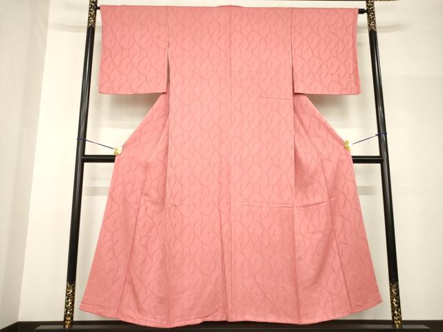 平和屋着物●上質な色無地 幾何学地紋 真朱色 正絹 逸品 AABH8791ck