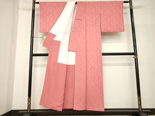 平和屋着物●上質な色無地 幾何学地紋 真朱色 正絹 逸品 AABH8791ck