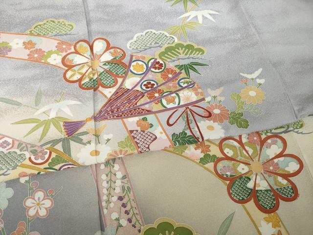 平和屋着物●訪問着 友禅 駒刺繍 扇面吉祥花文 暈し染め 金彩 正絹 逸品 AABH8794ck