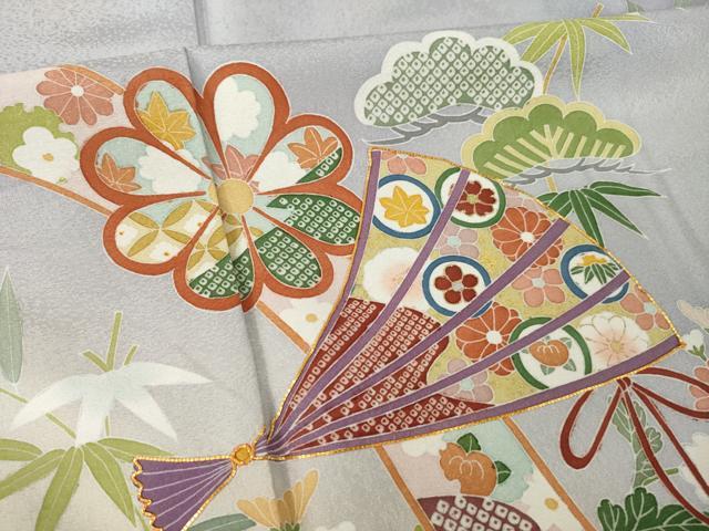 平和屋着物●訪問着 友禅 駒刺繍 扇面吉祥花文 暈し染め 金彩 正絹 逸品 AABH8794ck