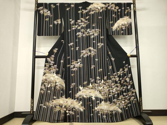 平和屋着物●訪問着 竹屋町刺繍 笹竹梅文 黒地 金彩 三越扱い 正絹 逸品 AABH8795ck