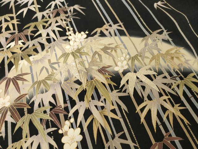 平和屋着物●訪問着 竹屋町刺繍 笹竹梅文 黒地 金彩 三越扱い 正絹 逸品 AABH8795ck