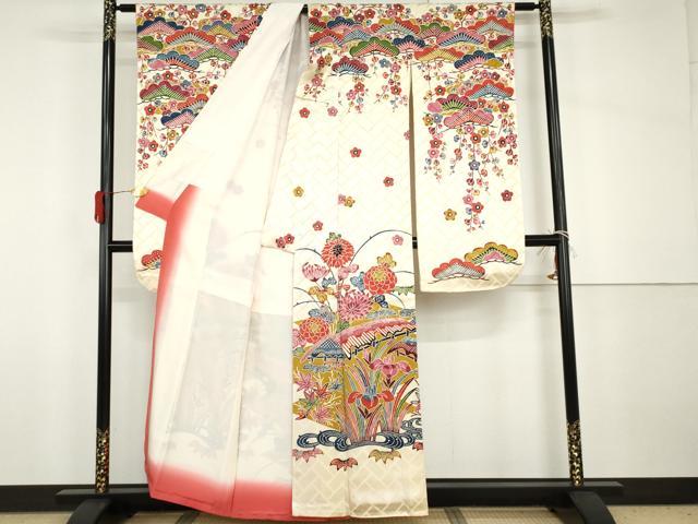 平和屋着物●豪華振袖 紅型 風景松竹梅文 正絹 逸品 AABH8843cs