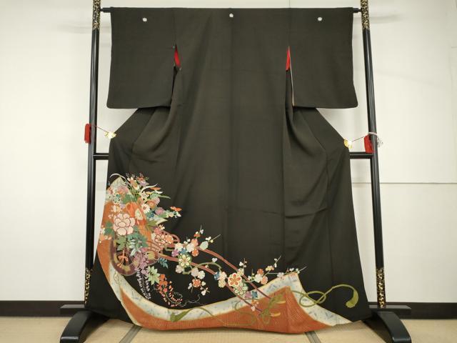 平和屋着物●アンティーク 大正ロマン 黒留袖 花車文 金銀彩 正絹 逸品 AABH8881cs