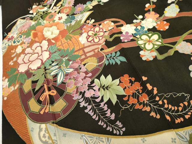 平和屋着物●アンティーク 大正ロマン 黒留袖 花車文 金銀彩 正絹 逸品 AABH8881cs