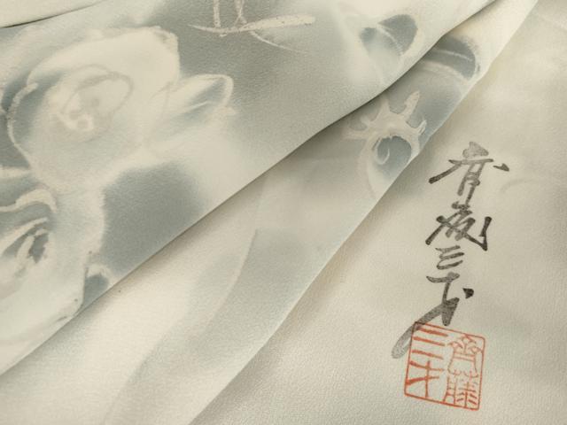 平和屋着物●染色作家 斉藤三才 小紋 草花文 薔薇 バラ 暈し染め 正絹 逸品 AABH8894cs