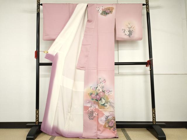 平和屋着物●訪問着 手描き 地紙草花文 暈し染め 金彩 正絹 逸品 AABH8897cs