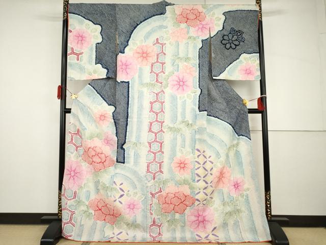 平和屋着物●名門 藤娘きぬたや・総絞り 訪問着 亀甲草花文 暈し染め ロング丈 正絹 逸品 AABH8908cs
