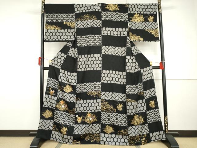 平和屋着物●訪問着 絞り 刺繍 吉祥草花文 黒地 金彩 ますいわ屋扱い 正絹 逸品 AABH8913cs