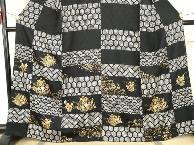 平和屋着物●訪問着 絞り 刺繍 吉祥草花文 黒地 金彩 ますいわ屋扱い 正絹 逸品 AABH8913cs