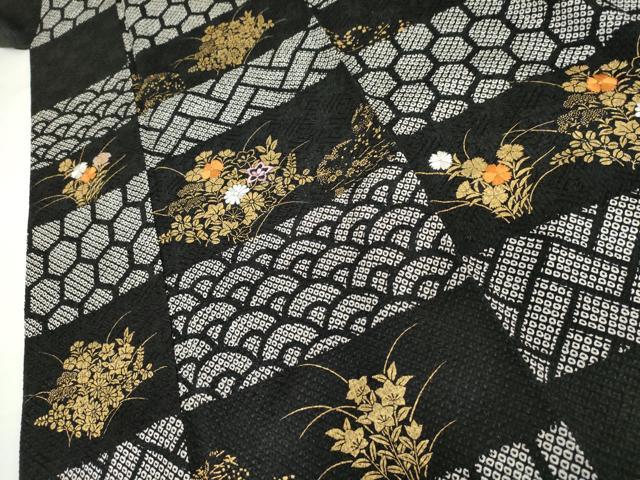 平和屋着物●訪問着 絞り 刺繍 吉祥草花文 黒地 金彩 ますいわ屋扱い 正絹 逸品 AABH8913cs