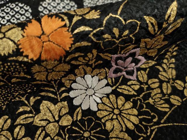 平和屋着物●訪問着 絞り 刺繍 吉祥草花文 黒地 金彩 ますいわ屋扱い 正絹 逸品 AABH8913cs