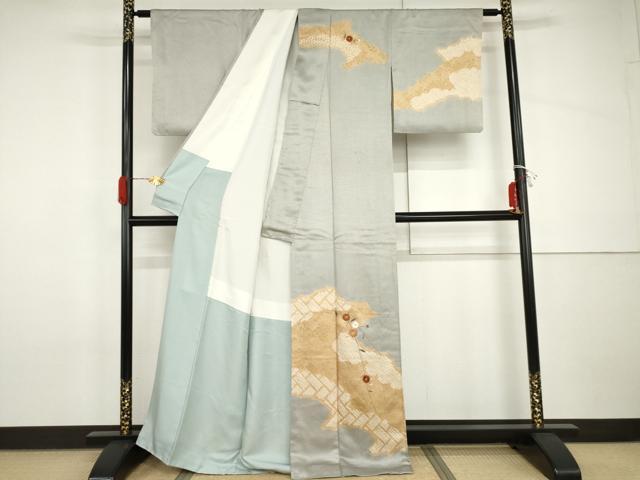 平和屋着物●訪問着 絞り 刺繍 枝花文 金糸 正絹 逸品 AABH8924cs
