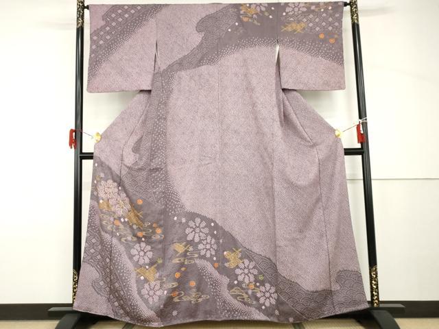 平和屋着物●訪問着 駒刺繍 絞り 流水舞花文 金彩 正絹 逸品 AABH8932cs