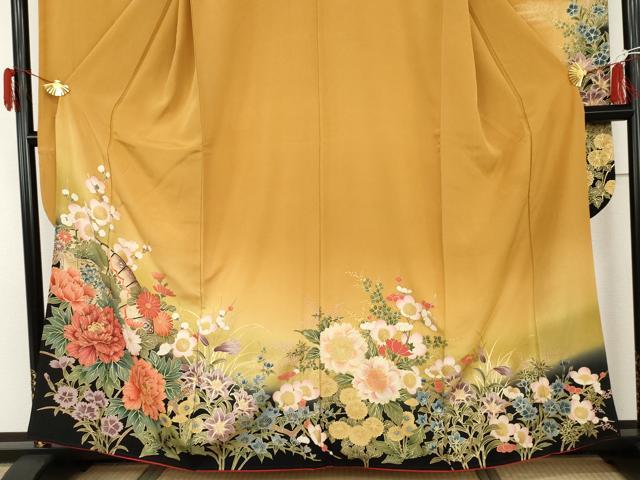 平和屋着物●豪華振袖 駒刺繍 檜扇草花文 暈し染め 金彩 正絹 逸品 AABH8943cs