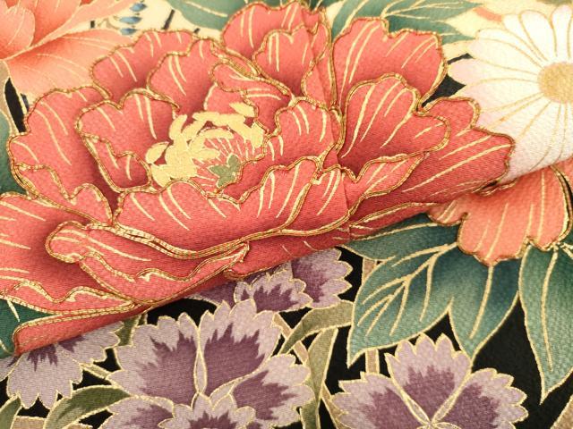 平和屋着物●豪華振袖 駒刺繍 檜扇草花文 暈し染め 金彩 正絹 逸品 AABH8943cs