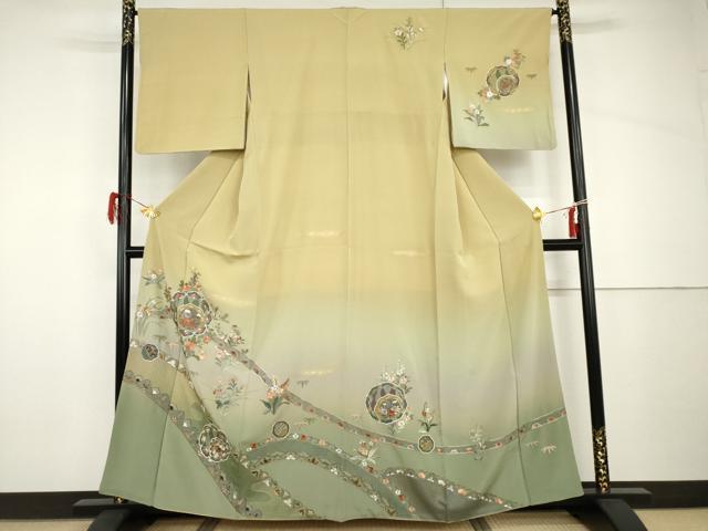 平和屋着物●訪問着 中国三大刺繍 スワトウ刺繍 汕頭刺繍 花絵皿文 金糸 金彩 正絹 逸品 AABH8946cs