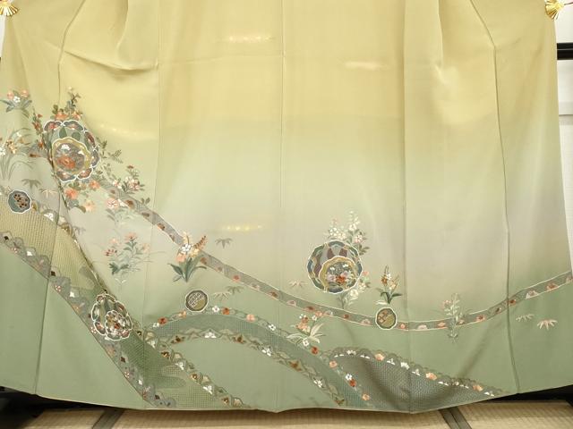 平和屋着物●訪問着 中国三大刺繍 スワトウ刺繍 汕頭刺繍 花絵皿文 金糸 金彩 正絹 逸品 AABH8946cs