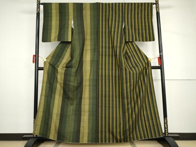 平和屋着物●訪問着 紬地 片身替わり 縞 正絹 逸品 AABH8961cs