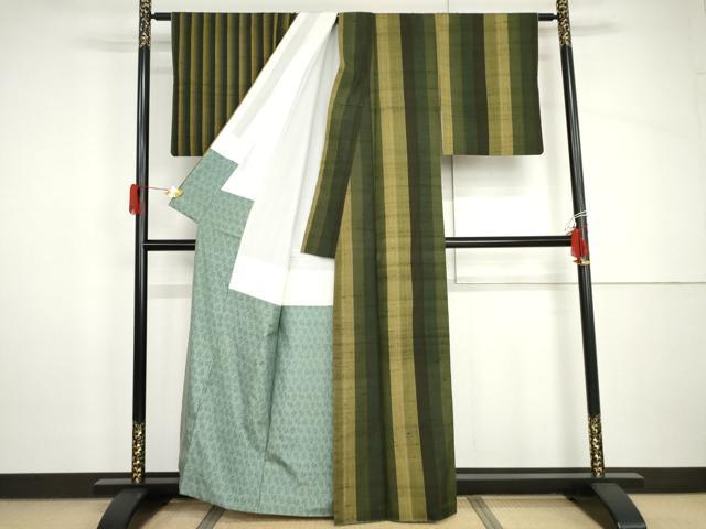 平和屋着物●訪問着 紬地 片身替わり 縞 正絹 逸品 AABH8961cs