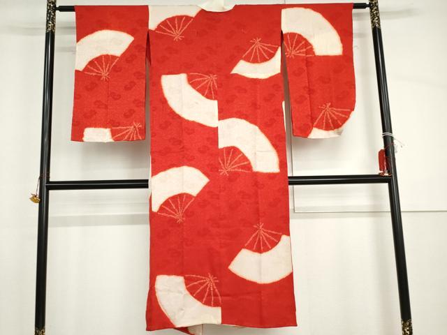 平和屋着物●アンティーク 大正ロマン 長襦袢 袷 絞り 舞扇文 正絹 逸品 AABH8982cs