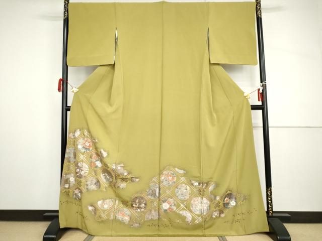 平和屋着物●色留訪問着 格子花丸文 金彩 正絹 逸品 AABH8991cs