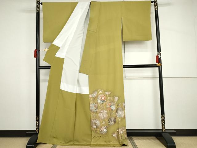 平和屋着物●色留訪問着 格子花丸文 金彩 正絹 逸品 AABH8991cs