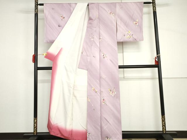 平和屋着物●染色作家 斉藤三才 小紋 手描き 枝花文 暈し染め 正絹 逸品 AABH8998cs