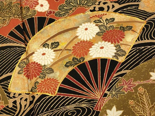 平和屋着物■豪華黒留袖 駒刺繍 枝花扇子文 金銀彩 正絹 逸品 AABH9094fw