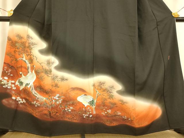 平和屋着物■豪華黒留袖 手描き 作家物 清峰 群れ鶴草花文 暈し染め 金彩 正絹 逸品 AABH9148fw