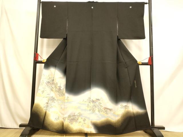 平和屋着物■豪華黒留袖 寿光織 高野山水図 暈し染 金糸 正絹 逸品 AABH9174fw
