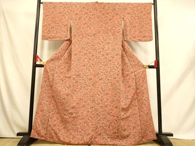 平和屋着物□上質な小紋 更紗花鳥文 鬼しぼ縮緬 正絹 逸品 AABH9177fw