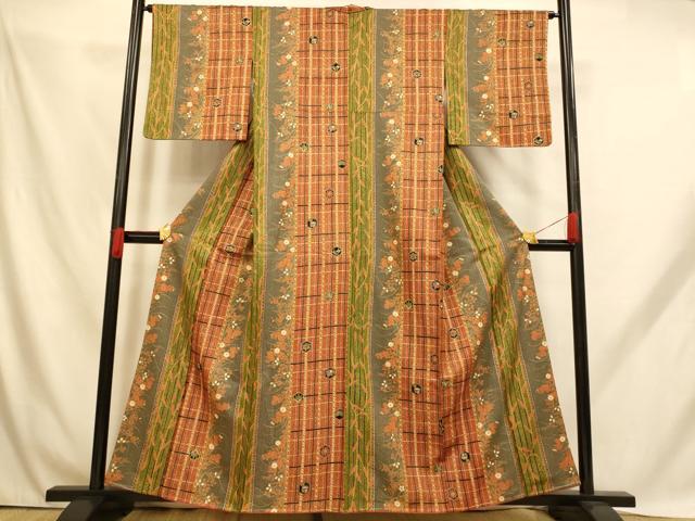 平和屋着物■上質な小紋 花蝶格子 金彩 正絹 逸品 未使用 AABH9194fw